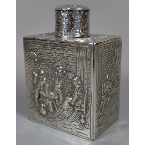 270 - 19th century Dutch silver tea caddy of square form , repoussé decorated with figures in interiors en... 