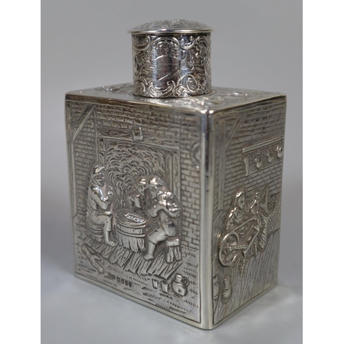 270 - 19th century Dutch silver tea caddy of square form , repoussé decorated with figures in interiors en... 