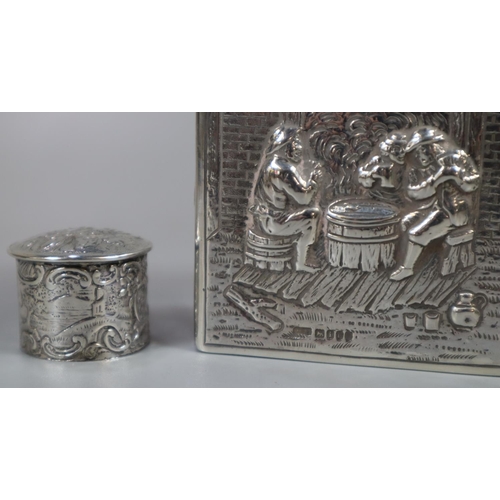 270 - 19th century Dutch silver tea caddy of square form , repoussé decorated with figures in interiors en... 