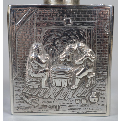 270 - 19th century Dutch silver tea caddy of square form , repoussé decorated with figures in interiors en... 