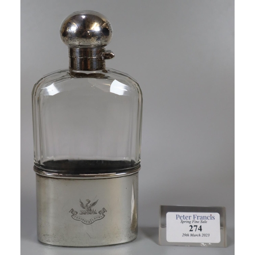 274 - George V silver and glass hip flask, the cup with crest marked 'Toujours Loyal', London 1927.   (B.P... 