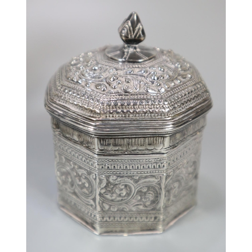 276 - Collection of Indian white metal dressing table items, to include: circular box and cover decorated ... 