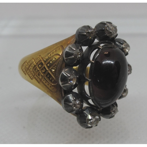 286 - Garnet carbuncle and diamond ring on 14ct gold band with letter written on black edged mourning pape... 