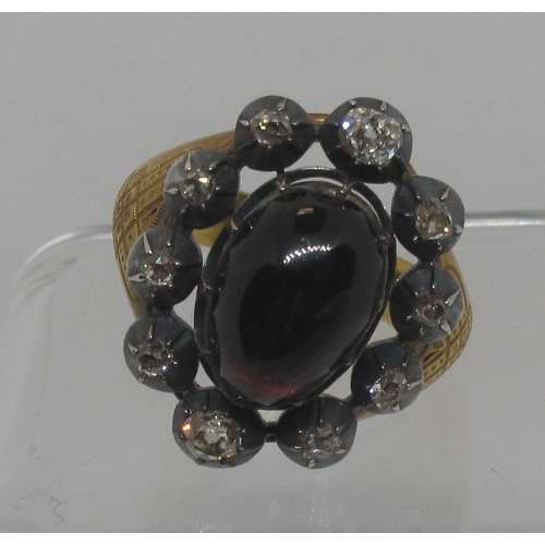 286 - Garnet carbuncle and diamond ring on 14ct gold band with letter written on black edged mourning pape... 