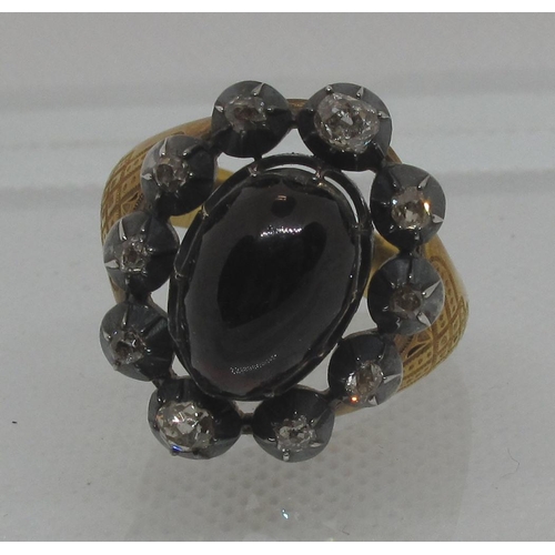 286 - Garnet carbuncle and diamond ring on 14ct gold band with letter written on black edged mourning pape... 