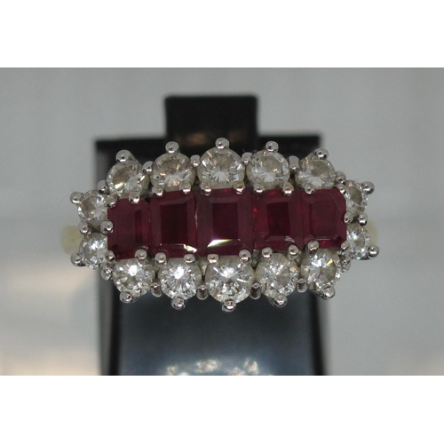 295 - Ruby and diamond boat shaped cluster ring set in 18ct gold.  The five graduated step cut rubies surr... 