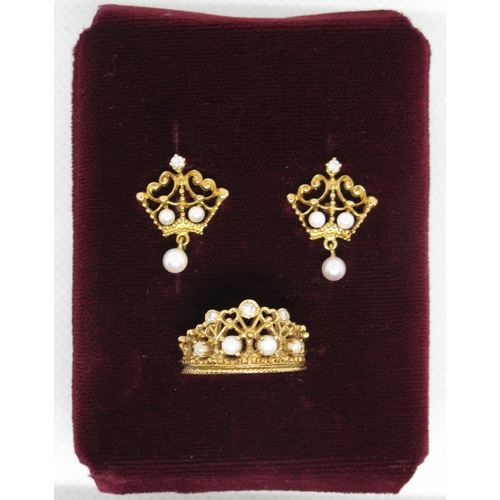 298 - Diamond and pearl crown ring and earrings set in 18ct gold.  'The Royal Crown Tiara and Earrings' St... 