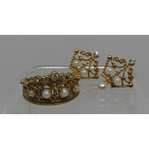 298 - Diamond and pearl crown ring and earrings set in 18ct gold.  'The Royal Crown Tiara and Earrings' St... 