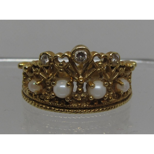 298 - Diamond and pearl crown ring and earrings set in 18ct gold.  'The Royal Crown Tiara and Earrings' St... 