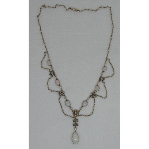 320 - Opal pearl and diamond set Victorian fringe necklace having six oval opals interspersed with diamond... 