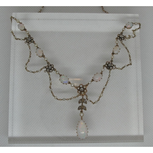 320 - Opal pearl and diamond set Victorian fringe necklace having six oval opals interspersed with diamond... 