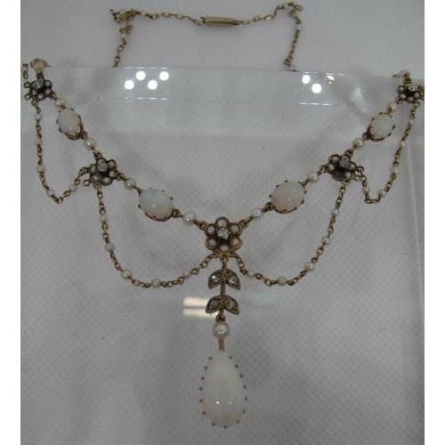 320 - Opal pearl and diamond set Victorian fringe necklace having six oval opals interspersed with diamond... 