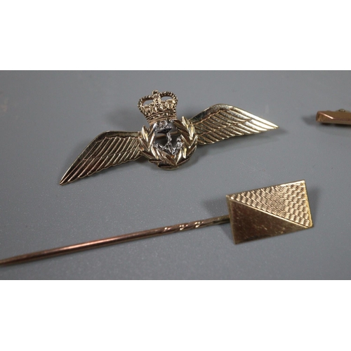 337 - Three 9ct gold sweetheart brooches.  RAF, RNAS and the Welsh regiment. Together with a 9ct gold engi... 