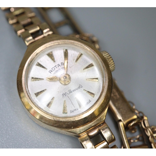 339 - Rotary 9ct gold small head ladies bracelet watch, having satin face with baton numerals and articula... 