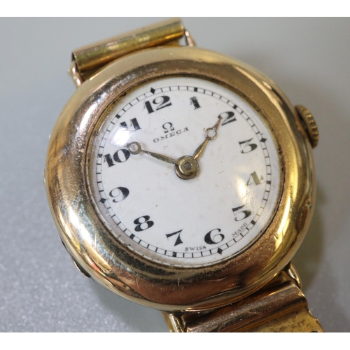 341 - Early 20th century 9ct gold Omega ladies wristwatch with Arabic white face on gold plated bracelet s... 