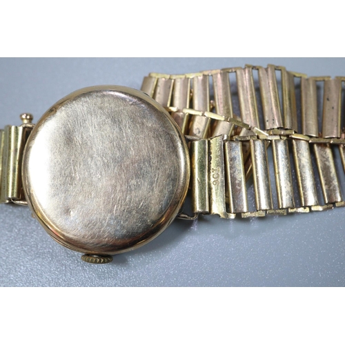 341 - Early 20th century 9ct gold Omega ladies wristwatch with Arabic white face on gold plated bracelet s... 