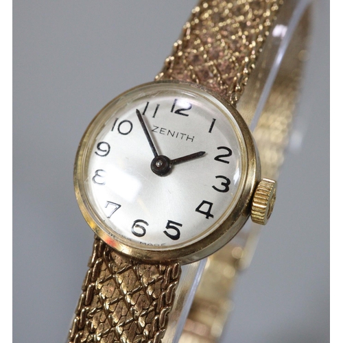 346 - Zenith 9ct gold ladies small head bracelet wristwatch with satin face having Arabic numerals on a ge... 