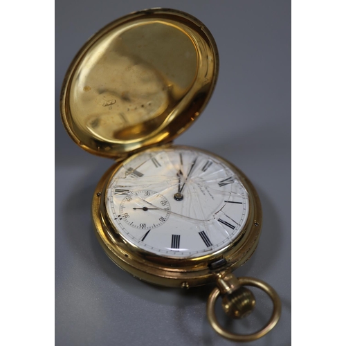 348 - AJW Benson of London 18ct gold top wind full hunter pocket watch, having white face with Roman numer... 