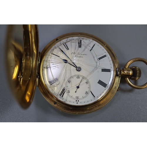 348 - AJW Benson of London 18ct gold top wind full hunter pocket watch, having white face with Roman numer... 