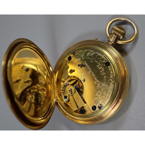 348 - AJW Benson of London 18ct gold top wind full hunter pocket watch, having white face with Roman numer... 