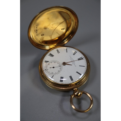 349 - J Sewill of Liverpool 18ct gold full hunter key wind pocket watch, having white Roman face with seco... 