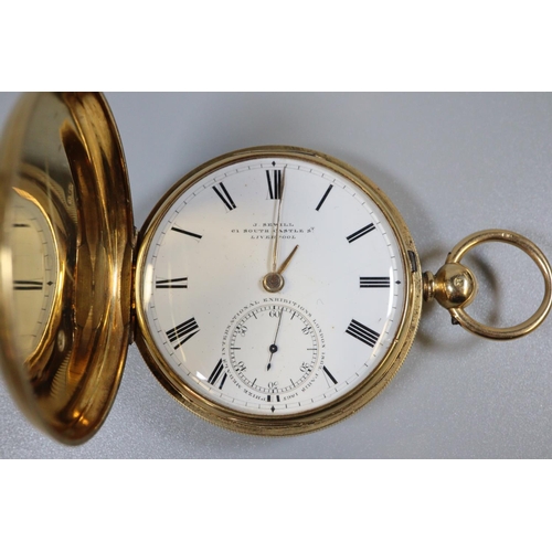 349 - J Sewill of Liverpool 18ct gold full hunter key wind pocket watch, having white Roman face with seco... 