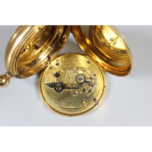 349 - J Sewill of Liverpool 18ct gold full hunter key wind pocket watch, having white Roman face with seco... 