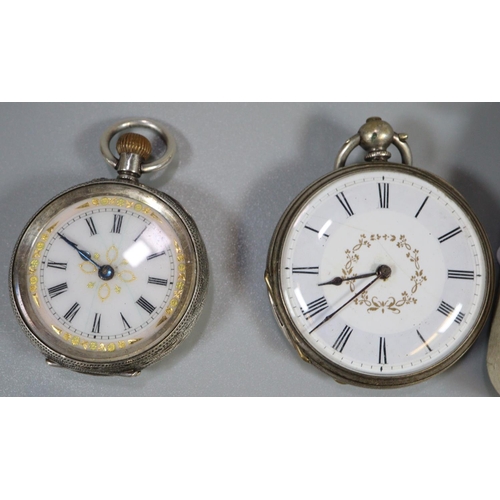 350 - Collection of silver fob and pocket watches,   three keywind, one keyless, Silver open faced keywind... 