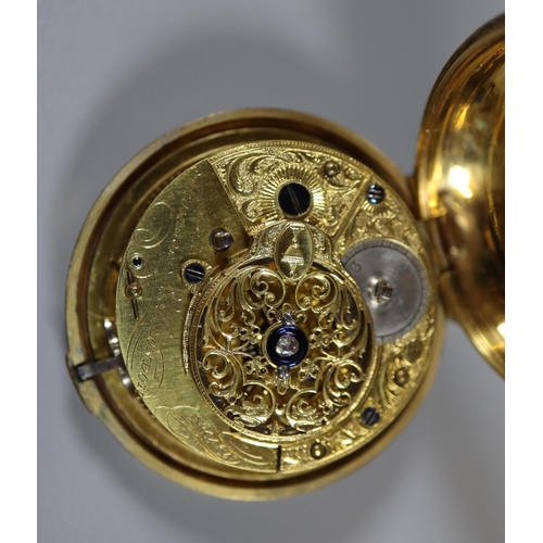 352 - 18th century yellow metal and tortoiseshell pair cased verge pocket watch, having white enamel face ... 