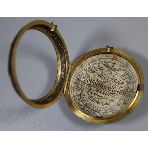 352 - 18th century yellow metal and tortoiseshell pair cased verge pocket watch, having white enamel face ... 