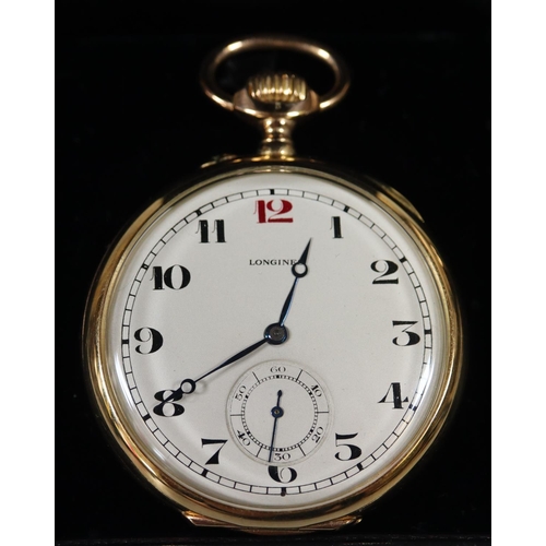 353 - 18ct gold Longines open faced top wind pocket watch with Arabic numerals and seconds dial.  78g over... 