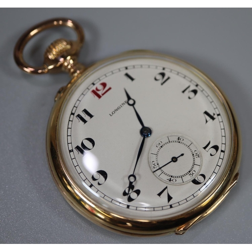 353 - 18ct gold Longines open faced top wind pocket watch with Arabic numerals and seconds dial.  78g over... 