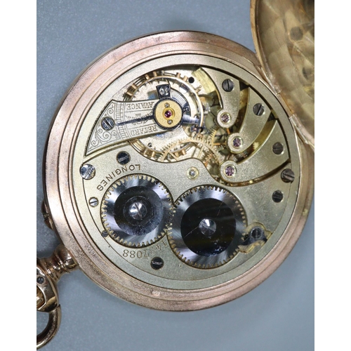 353 - 18ct gold Longines open faced top wind pocket watch with Arabic numerals and seconds dial.  78g over... 