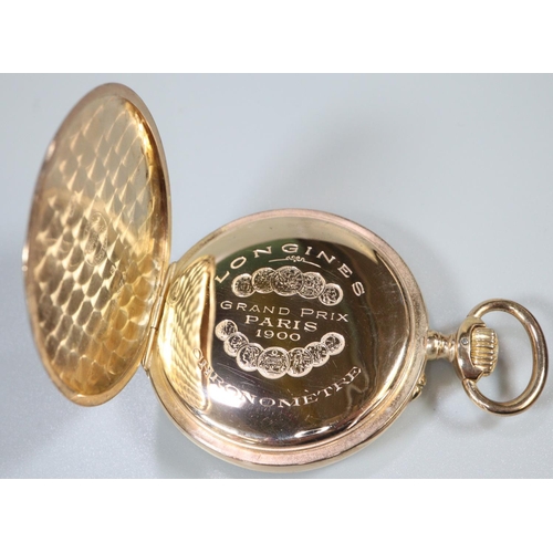 353 - 18ct gold Longines open faced top wind pocket watch with Arabic numerals and seconds dial.  78g over... 