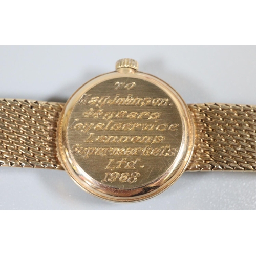 354 - Omega 9ct gold ladies bracelet wristwatch, having satin face with baton numerals and a 9ct gold mesh... 