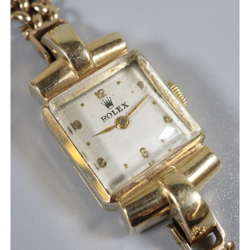 355 - Rolex 9ct gold Art Deco design square faced ladies bracelet wristwatch having spot and Arabic numera... 