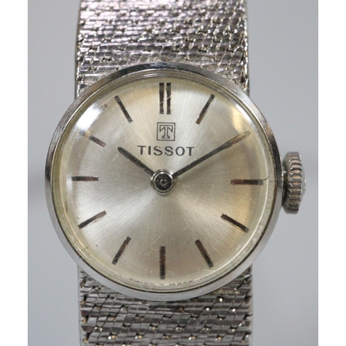 359 - Tissot 9ct white gold ladies bracelet wristwatch, the satin face with baton numerals on a bark finis... 