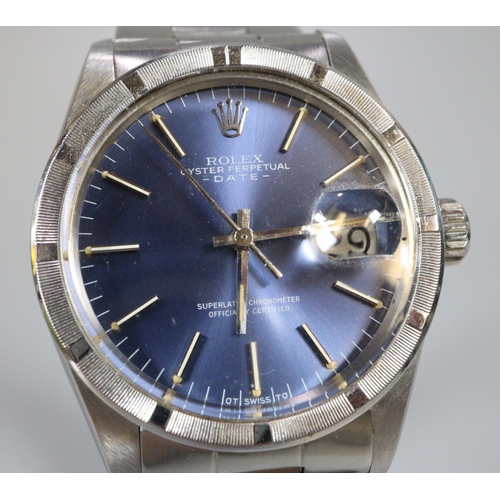 362 - Rolex Oyster Perpetual 1501stainless steel bracelet wristwatch , No. 4414662, having blue face with ... 