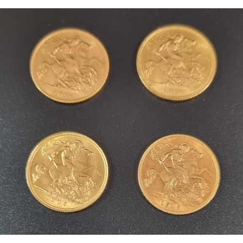 367 - Four gold half sovereigns dated 1905, 1913, 1914 and 1915. (4)
(B.P. 21% + VAT)