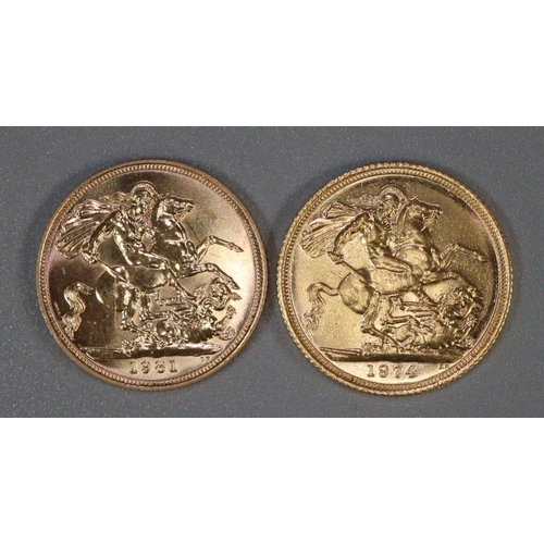 385 - Two gold full sovereigns dated 1974 and 1981.  (2)  (B.P. 21% + VAT)