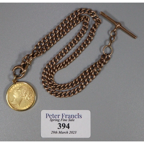 394 - 9ct gold T bar chain with Victorian gold full sovereign pendant in gold mount dated 1853. 34g approx... 