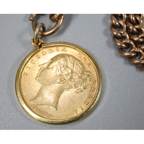 394 - 9ct gold T bar chain with Victorian gold full sovereign pendant in gold mount dated 1853. 34g approx... 