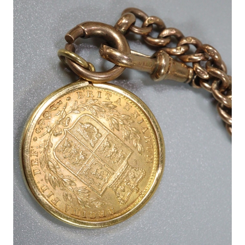 394 - 9ct gold T bar chain with Victorian gold full sovereign pendant in gold mount dated 1853. 34g approx... 