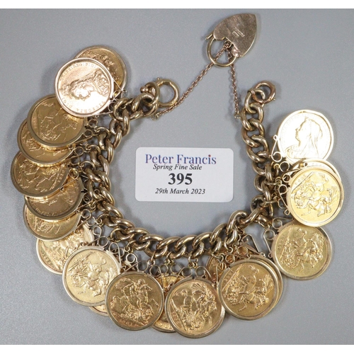 395 - 9ct gold curb link bracelet with heart padlock, set with 20 gold full sovereigns ,in pendant mounts ... 