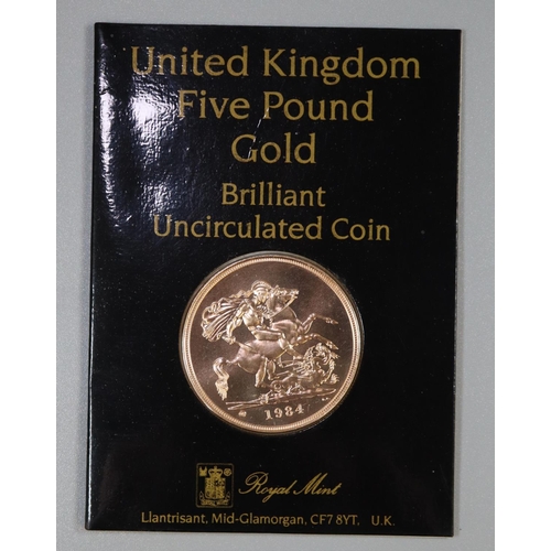 396 - United Kingdom £5 gold brilliant uncirculated coin, dated 1984, collectors edition. 22ct gold, 39.94... 