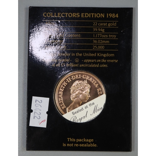 396 - United Kingdom £5 gold brilliant uncirculated coin, dated 1984, collectors edition. 22ct gold, 39.94... 