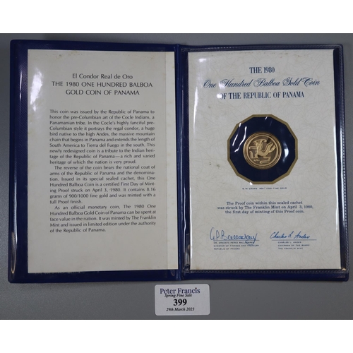 399 - The 1980 One Hundred Balboa gold coin of the Republic of Panama, struck by The Franklin Mint, 8.16g ... 