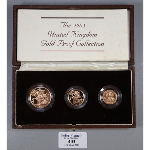 403 - United Kingdom 1983 gold proof collection coin set to include: £2 coin, full sovereign and half sove... 