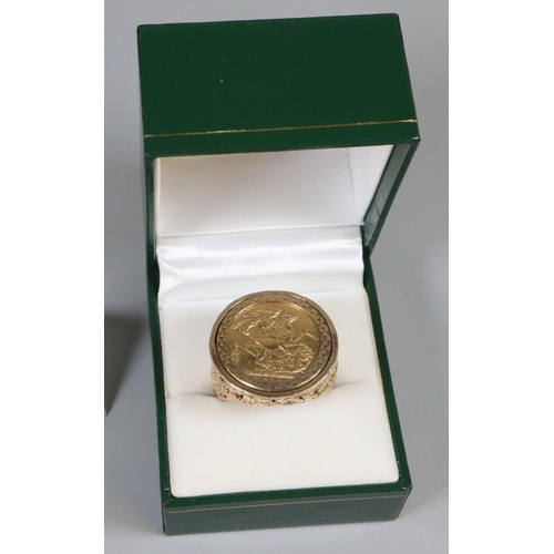 407 - Late Victorian gold full sovereign, now converted to a ring, dated 1893, in 9ct gold pierced ring mo... 