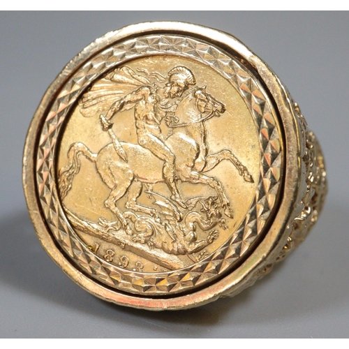 407 - Late Victorian gold full sovereign, now converted to a ring, dated 1893, in 9ct gold pierced ring mo... 